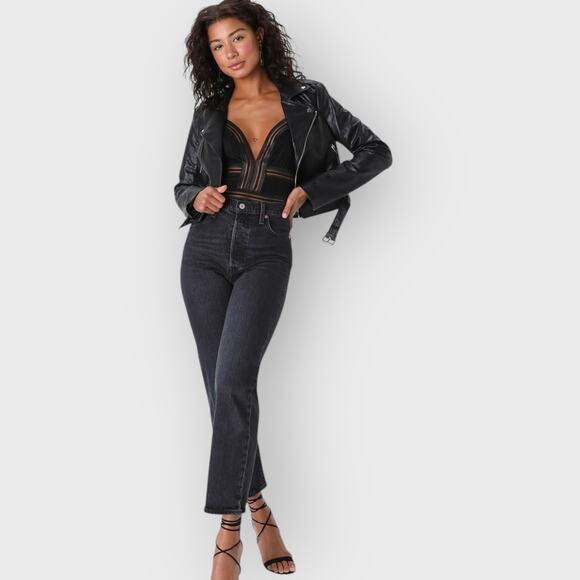 Lulus Casita Lace Thong Bodysuit S Black Sheer Striped Plunging V-Neck NWT Party - Picture 3 of 10